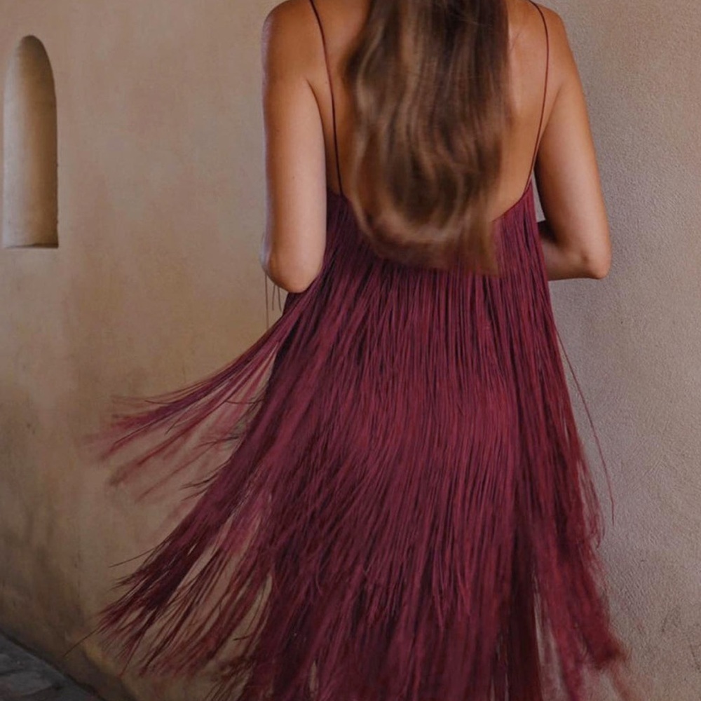 COMMENSE Florence Fringed Open Back Short Dress XL NWT Sold Out Online Burgundy - Picture 2 of 11